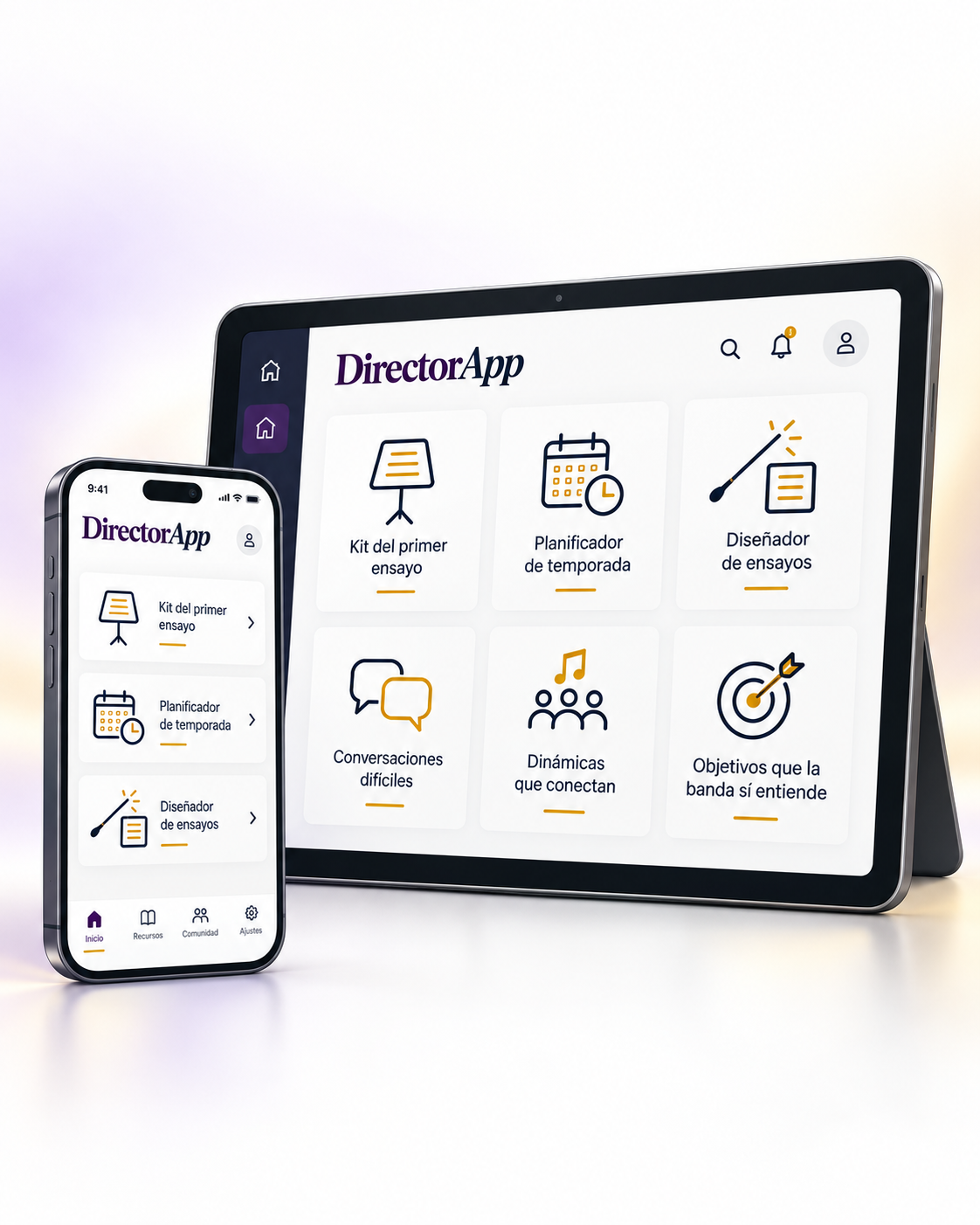 DirectorApp en una tableta y un teléfono móvil